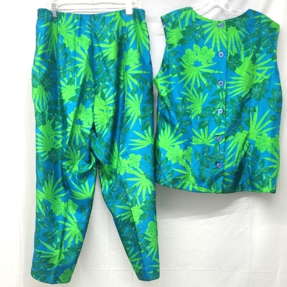 2 Piece Matching Set Capri Tank Top Tropical Palm Print Royal Blue Green Resort - Picture 14 of 16